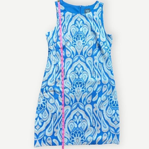 Vince Camuto Sleeveless Blue Abstract Print Zip Back Lined Mini Dress. 8. - Picture 6 of 8